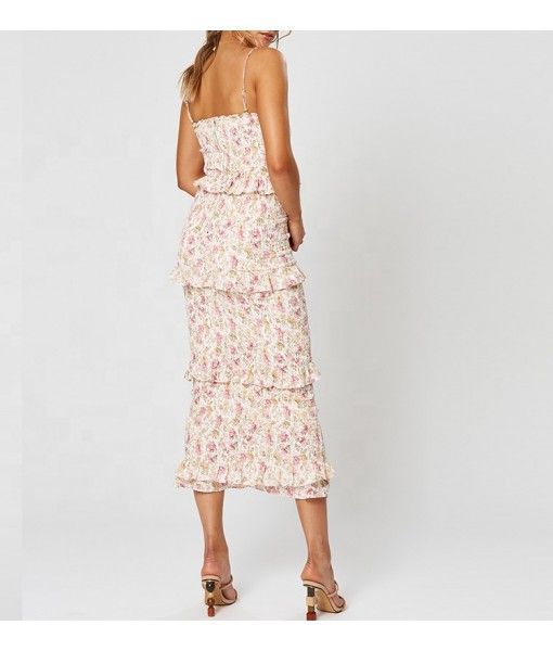 2020 Summer custom lady shirred floral printing midi dress women 