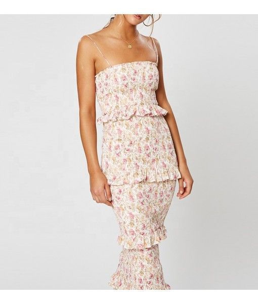 2020 Summer custom lady shirred floral printing midi dress women 