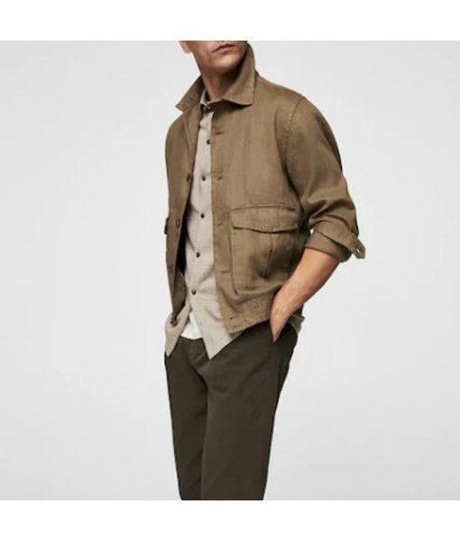 Linen blend classic collar jacket long sleeve with buttoned cuffs pockets men's jackets 