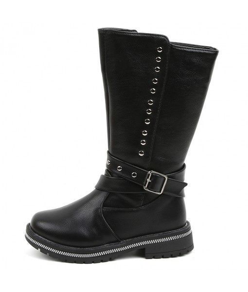 Fashion design winter season children tall black long girls fur boots knee high leather kids boots 
