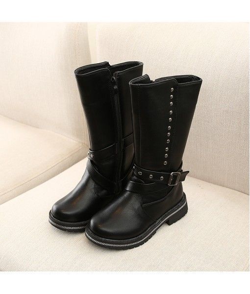Fashion design winter season children tall black long girls fur boots knee high leather kids boots 