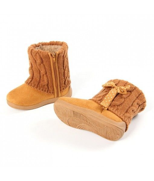 Fashion Wool bow-knit design brown zip kids winter snow knits waist boot shoes for girls 