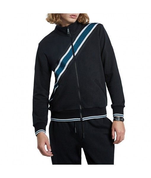High quality design men's regular fit long sleeve decoracted blue stripes black tracksuit 