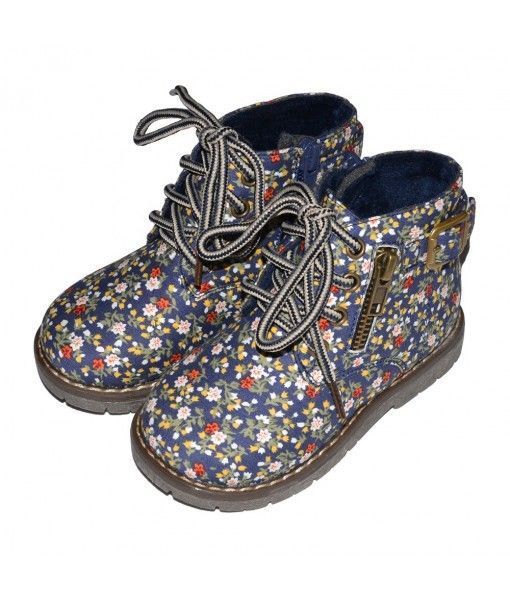 Zip up round toe kid girl flower printed ankle boots