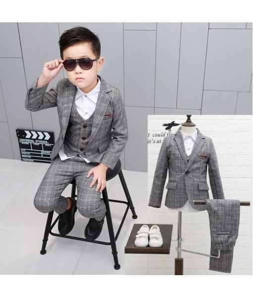 Boys Formal Suits for Weddings Cotton Plaid Blazer Vest Pants 3Pcs with bow tie Kids Clothing Sets Children Performance Costume