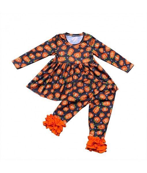  Fall Boutique Kids Clothing Sets Girls Pumpkin Dress with Ruffle Pants Outfits for Halloween
