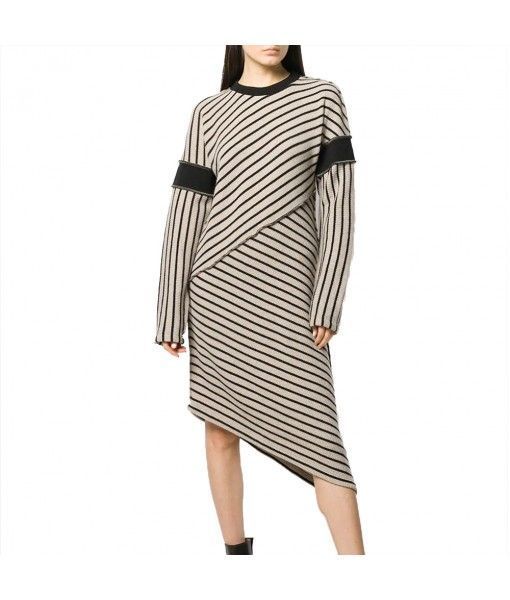 Autumn latest casual designs asymmetrical stripe long sleeve fashion office knit women dresses