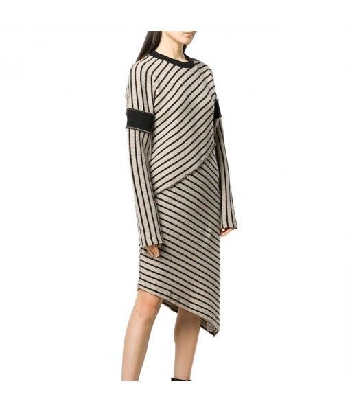 Autumn latest casual designs asymmetrical stripe long sleeve fashion office knit women dresses