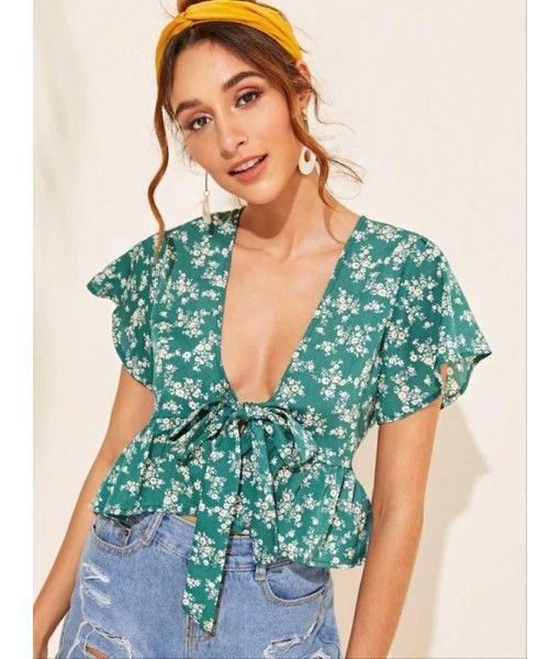 2020 Custom summer chiffon ruffles waist printing floral low-cut bowknot neck sexy blouse 