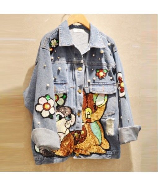 East Gate, South Korea 2020 spring and autumn women's Korean version of Baita netherred design sense cartoon Sequin sticker denim coat
