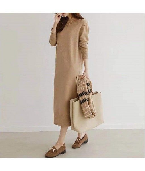 Spot languid women's winter South Korea loose and slender wool dress knee over sleeve bottomed knitted dress
