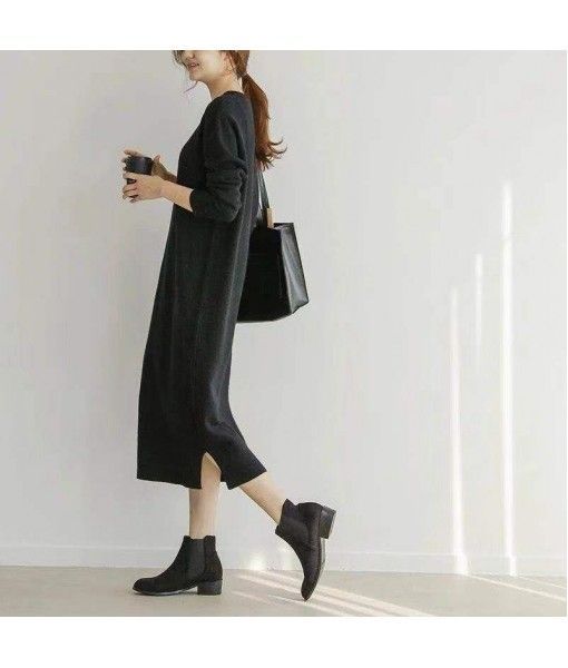 Spot languid women's winter South Korea loose and slender wool dress knee over sleeve bottomed knitted dress
