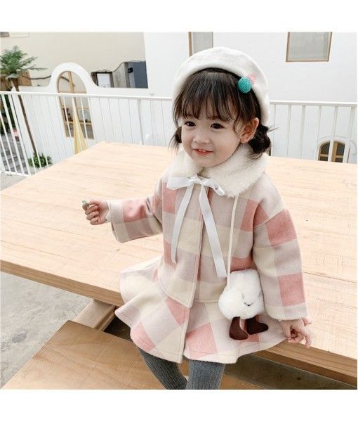 2019 caviar children's winter 1-5-year-old Plaid Cotton tweed overcoat skirt with wool collar cotton clip