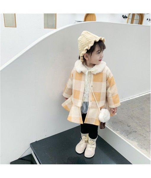 2019 caviar children's winter 1-5-year-old Plaid Cotton tweed overcoat skirt with wool collar cotton clip