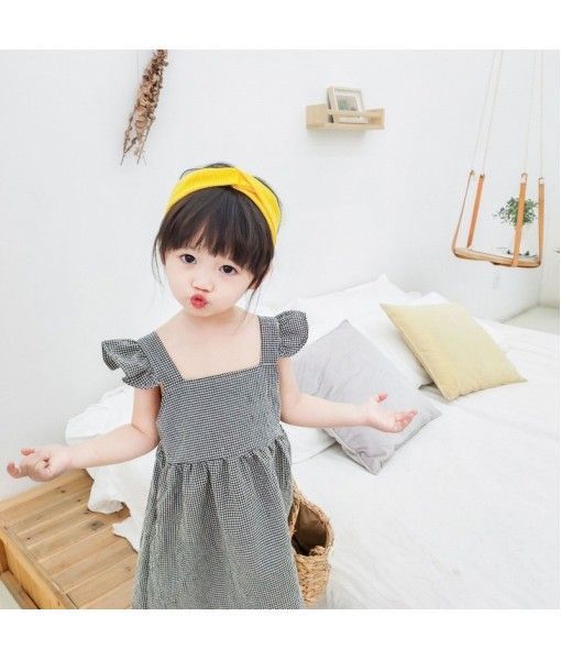 Jmn 2020 children's new spring and summer girls' Plaid Dress with flying sleeves and wood ear edge Korean skirt