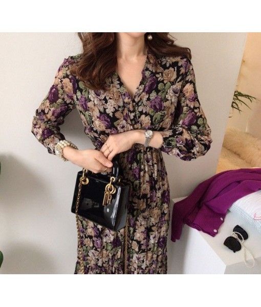 Cross border source 2020 east gate of Korea chic early spring V-neck pleated high waist thin Floral Dress
