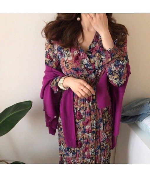 Cross border source 2020 east gate of Korea chic early spring V-neck pleated high waist thin Floral Dress
