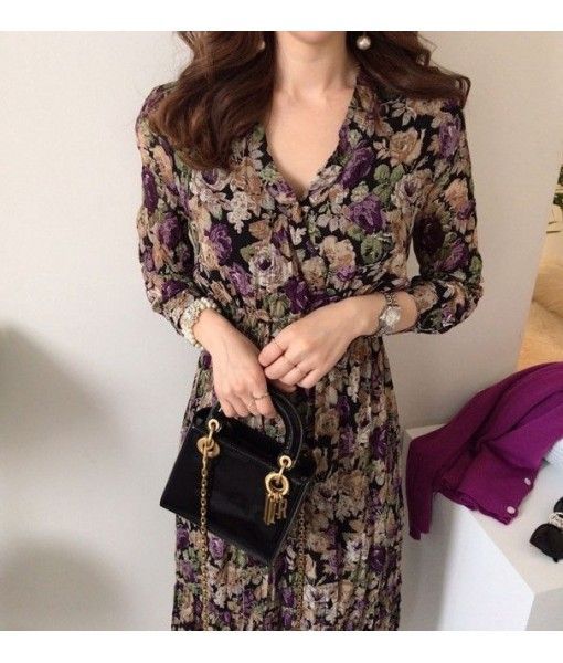 Cross border source 2020 east gate of Korea chic early spring V-neck pleated high waist thin Floral Dress
