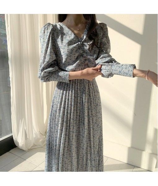 Chic South Korea careful machine pleated small V-neck floral waist show thin pleated long dress woman