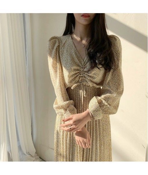 Chic South Korea careful machine pleated small V-neck floral waist show thin pleated long dress woman