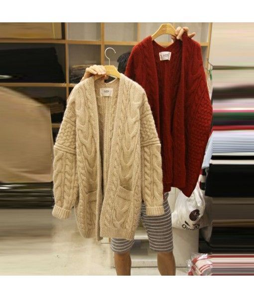 South Korea 2020 autumn and winter new women's clothing Korean loose net red medium long thick thread sweater coat wholesale
