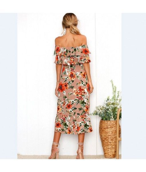 2020 Amazon summer new style one shoulder wrap chest flounce Chiffon Printed Dress fish tail long skirt