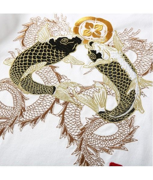 Summer new fashion brand Chinese style carp embroidery national large round neck men's short sleeve T-shirt made of pure cotton