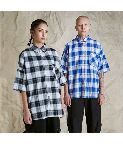 #Ovdy original national fashion Plaid Shirt Men's Short Sleeve Shirt trend falling shoulder sleeve Lapel loose casual hip hop fashion brand
