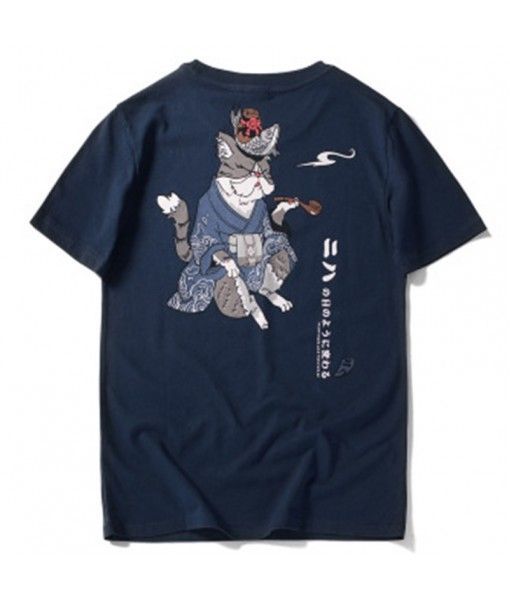 Short sleeve t-shirt men's 2019 summer new pipe cat print personalized round neck Japanese style loose clothing top