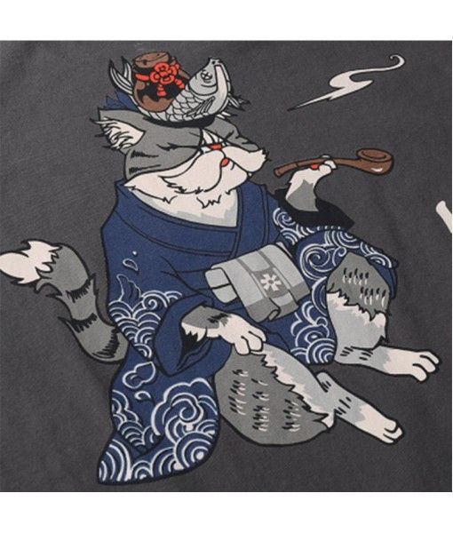 Short sleeve t-shirt men's 2019 summer new pipe cat print personalized round neck Japanese style loose clothing top