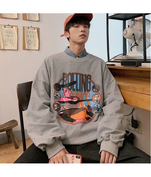 Perth men's round neck sweater autumn 2019 new loose Print Long Sleeve Pullover youth base coat