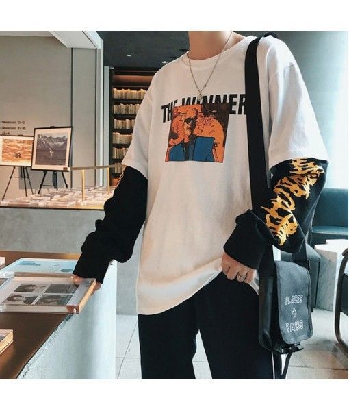 Perth t-shirt men's cotton long sleeve round neck sweater spring new student cartoon printed top fake two pieces