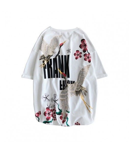 Perth round neck short sleeve T-shirt Korean Trend crane print bottoming shirt summer couple casual top pure cotton
