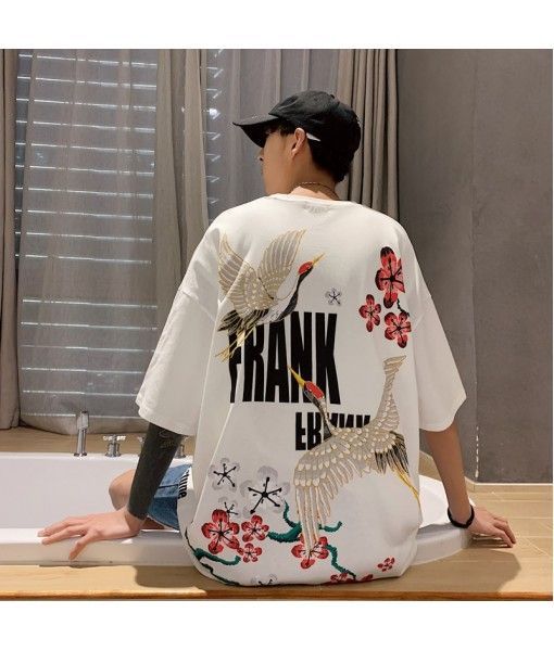 Perth round neck short sleeve T-shirt Korean Trend crane print bottoming shirt summer couple casual top pure cotton