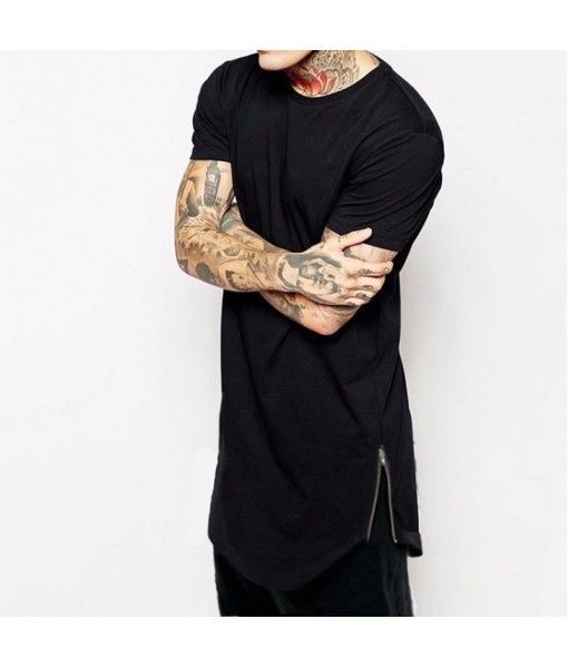 Cross border special fast selling through Europe and America high street solid color backing side zipper short sleeve solid color men's T-shirt round bottom top