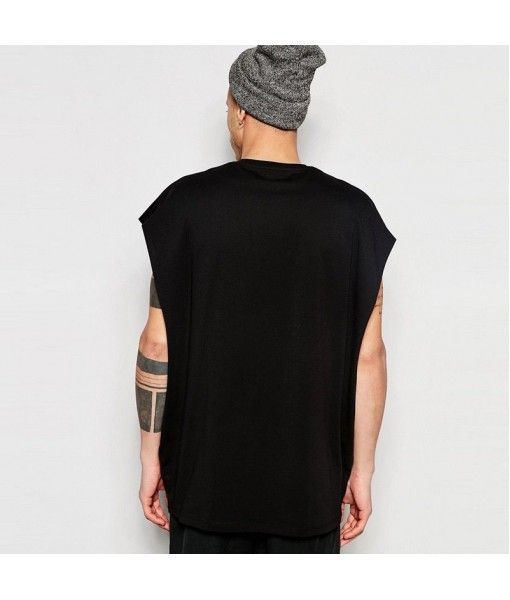 Men's European and American off shoulder loose sports T-shirt high street trend sleeveless hip hop solid color top round neck personalized men's wear
