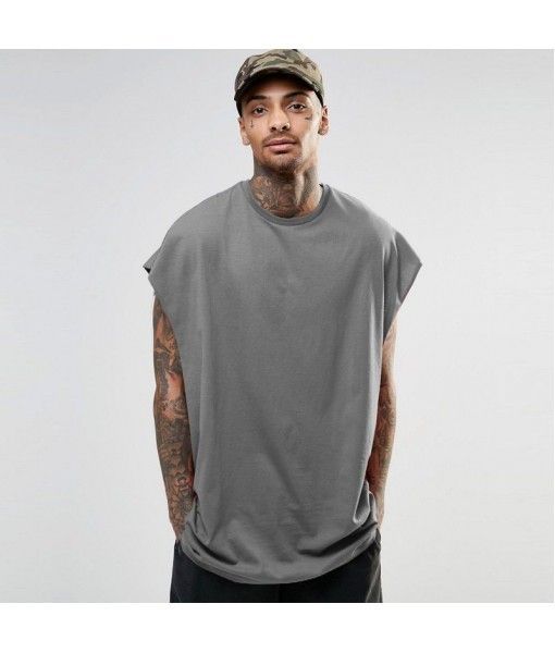 Men's European and American off shoulder loose sports T-shirt high street trend sleeveless hip hop solid color top round neck personalized men's wear