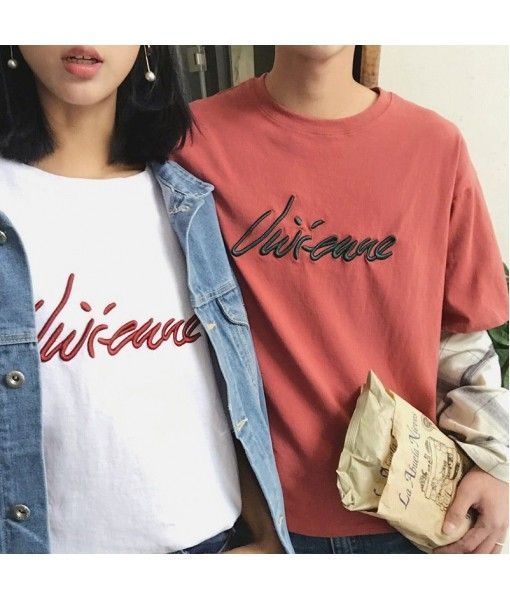 Perth 2020 summer new men's T-shirt round neck loose embroidery short sleeve T-shirt Japanese young couple fashion