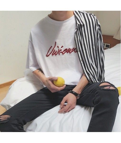 Perth 2020 summer new men's T-shirt round neck loose embroidery short sleeve T-shirt Japanese young couple fashion