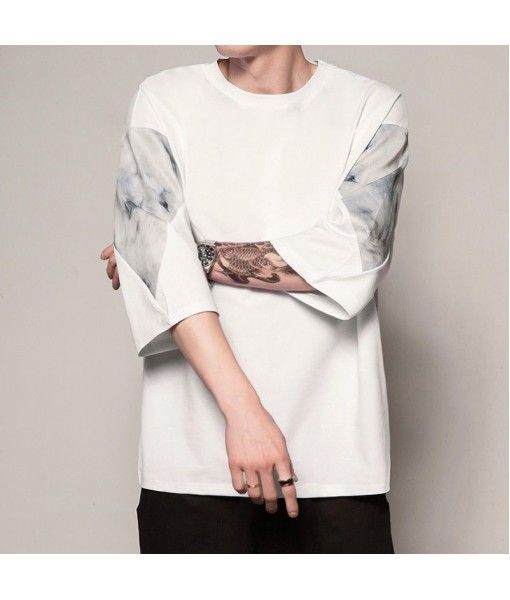 2020 summer new men's Day original loose fit nine sleeve T-shirt fashion splicing large five round neck top