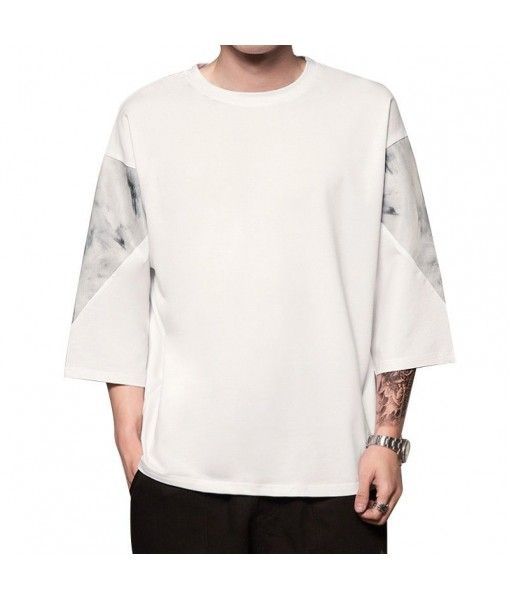 2020 summer new men's Day original loose fit nine sleeve T-shirt fashion splicing large five round neck top