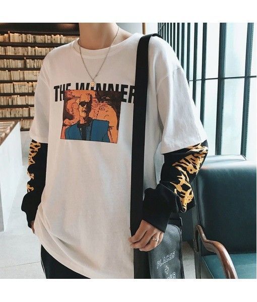 Perth t-shirt men's cotton long sleeve round neck sweater spring new student cartoon printed top fake two pieces