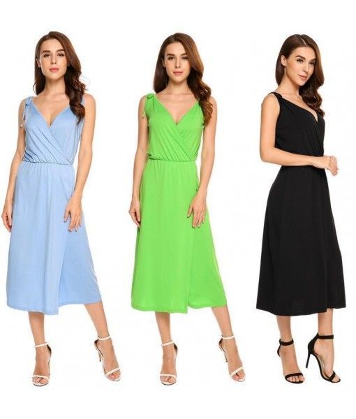 Stock Amazon eBay wish hot dress V-neck slit sexy suspender dress for cross-border exclusive use