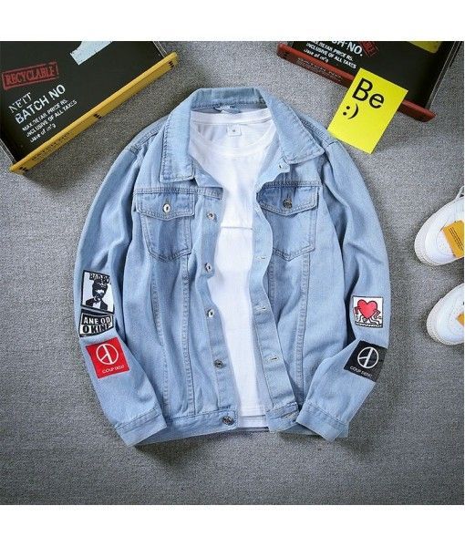 2018 spring and autumn new men's fashion loose denim jacket men's printed jacket plus fat
