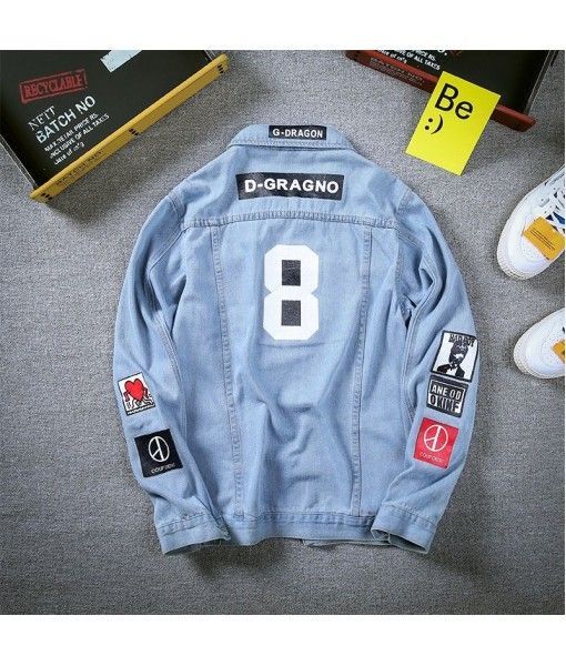 2018 spring and autumn new men's fashion loose denim jacket men's printed jacket plus fat
