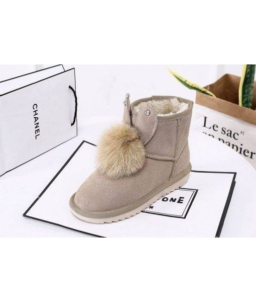 Wenzhou 2019 winter new frosted leather rabbit fur ball snow boots female diamond rabbit ears warm flat cotton boots