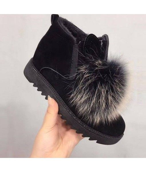 haoyu 2019 winter new fox fur ball suede snow boots side zipper rabbit ear warm soft flat cotton boots