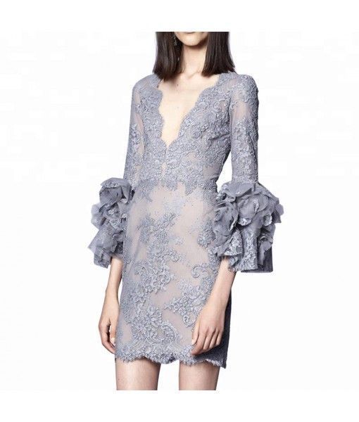 Customized professional Deep V mini sexy jacquard lace evening dress 