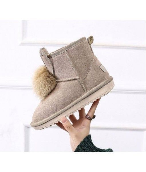 Wenzhou 2019 winter new frosted leather rabbit fur ball snow boots female diamond rabbit ears warm flat cotton boots