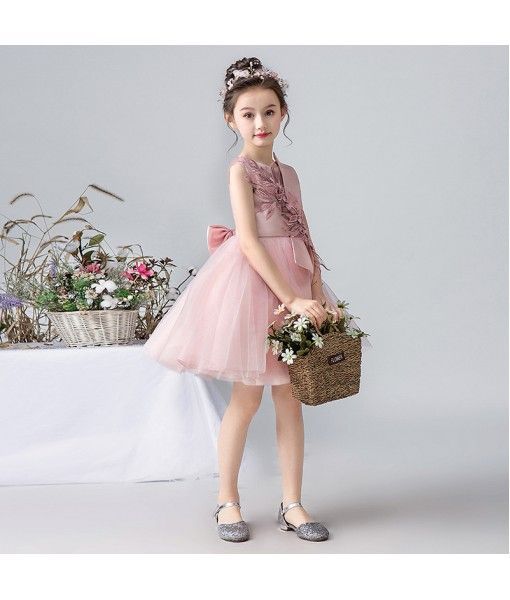 Europe design kids clothing one piece flower girls lace ruffle bow princess party dress 